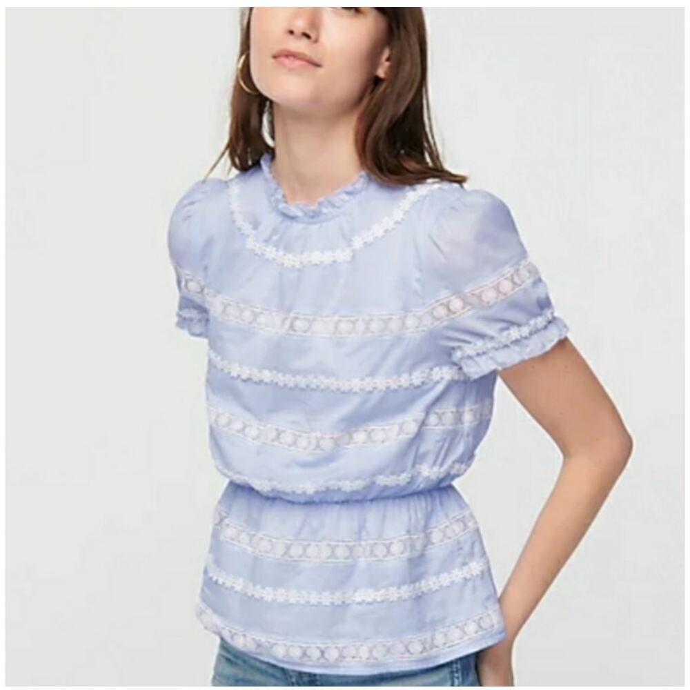 J Crew Blue White Lace Crochet Peplum Blouse Size S